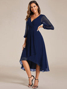 Long Sleeves Pleated Ruffles Chiffon Wholesale Wedding Guest#Color_Navy Blue