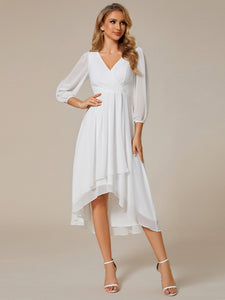 Color=White | Long Sleeves Pleated Ruffles Chiffon Wholesale Wedding Guest Dresses-White 