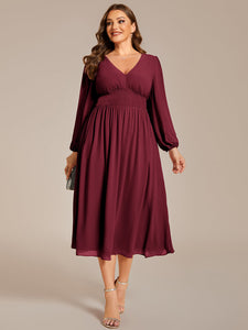 Color=Burgundy | Plus Size Knee Length Chiffon Wholesale Wedding Guest Dresses With Long Sleeves-Burgundy 2