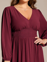 Load image into Gallery viewer, Color=Burgundy | Plus Size Knee Length Chiffon Wholesale Wedding Guest Dresses With Long Sleeves-Burgundy 5