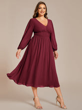 Load image into Gallery viewer, Color=Burgundy | Plus Size Knee Length Chiffon Wholesale Wedding Guest Dresses With Long Sleeves-Burgundy 4