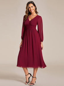 Knee Length Long Sleeves Chiffon Wholesale Wedding Guest Dresses#Color_Burgundy