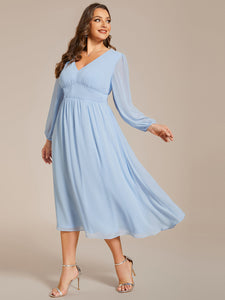 Color=Ice blue | Plus Size Knee Length Chiffon Wholesale Wedding Guest Dresses With Long Sleeves-Ice blue 13