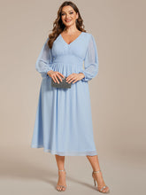 Load image into Gallery viewer, Color=Ice blue | Plus Size Knee Length Chiffon Wholesale Wedding Guest Dresses With Long Sleeves-Ice blue 11