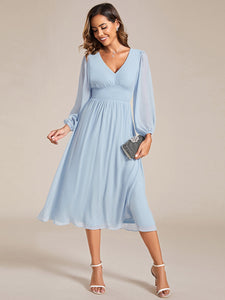 Knee Length Long Sleeves Chiffon Wholesale Wedding Guest Dresses#Color_Ice Blue