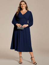 Load image into Gallery viewer, Color=Navy Blue | Plus Size Knee Length Chiffon Wholesale Wedding Guest Dresses With Long Sleeves-Navy Blue 26