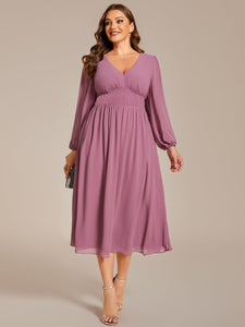Color=Orchid | Plus Size Knee Length Chiffon Wholesale Wedding Guest Dresses With Long Sleeves-Orchid 16