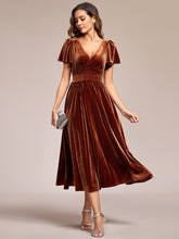 Load image into Gallery viewer, V-Neck Tea Length Velvet Wedding Guest Dresses#Color_Caramel