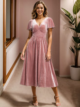 Load image into Gallery viewer, V-Neck Tea Length Velvet Wedding Guest Dresses#Color_Purple Orchid