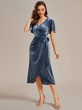 Load image into Gallery viewer, Asymmetrical Korean Velvet Streamer One-piece Type Three-quarter Evening Dress With Pagoda Sleeve#Color_Dusty Navy