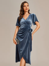 Load image into Gallery viewer, Asymmetrical Korean Velvet Streamer One-piece Type Three-quarter Evening Dress With Pagoda Sleeve#Color_Dusty Navy