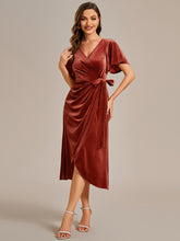 Load image into Gallery viewer, Asymmetrical Korean Velvet Streamer One-piece Type Three-quarter Evening Dress With Pagoda Sleeve#Color_Brick Red