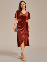 Load image into Gallery viewer, Asymmetrical Korean Velvet Streamer One-piece Type Three-quarter Evening Dress With Pagoda Sleeve#Color_Brick Red