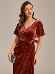 Asymmetrical Korean Velvet Streamer One-piece Type Three-quarter Evening Dress With Pagoda Sleeve#Color_Brick Red