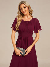 Load image into Gallery viewer, Color=Burgundy | Graceful Lotus Leaf Pleated A-Line Knee Length Round Neckline Short Sleeves Wholesale Wedding Guest Dress-Burgundy 5