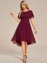 Load image into Gallery viewer, Color=Burgundy | Graceful Lotus Leaf Pleated A-Line Knee Length Round Neckline Short Sleeves Wholesale Wedding Guest Dress-Burgundy 1