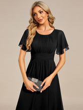 Load image into Gallery viewer, Color=Black | Graceful Lotus Leaf Pleated A-Line Knee Length Round Neckline Short Sleeves Wholesale Wedding Guest Dress-Black 12