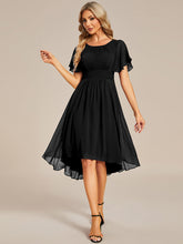 Load image into Gallery viewer, Color=Black | Graceful Lotus Leaf Pleated A-Line Knee Length Round Neckline Short Sleeves Wholesale Wedding Guest Dress-Black 8