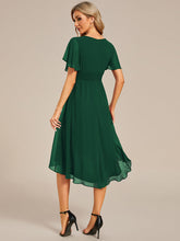 Load image into Gallery viewer, Color=Dark Green | Graceful Lotus Leaf Pleated A-Line Knee Length Round Neckline Short Sleeves Wholesale Wedding Guest Dress-Dark Green 16