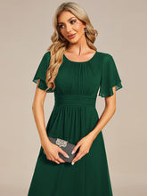Load image into Gallery viewer, Color=Dark Green | Graceful Lotus Leaf Pleated A-Line Knee Length Round Neckline Short Sleeves Wholesale Wedding Guest Dress-Dark Green 19