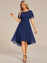 Load image into Gallery viewer, Color=Navy Blue | Graceful Lotus Leaf Pleated A-Line Knee Length Round Neckline Short Sleeves Wholesale Wedding Guest Dress-Navy Blue 22