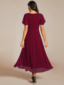 Color=Burgundy | V-Neck Midi Chiffon Wedding Guest Dresses with Ruffles Sleeve-Burgundy 2