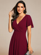 Load image into Gallery viewer, Color=Burgundy | V-Neck Midi Chiffon Wedding Guest Dresses with Ruffles Sleeve-Burgundy 3