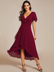 Color=Burgundy | V-Neck Midi Chiffon Wedding Guest Dresses with Ruffles Sleeve-Burgundy 5