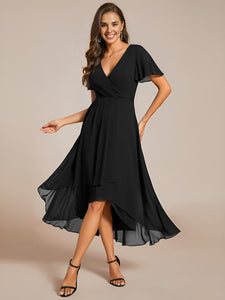 Color=Black | V-Neck Midi Chiffon Wedding Guest Dresses with Ruffles Sleeve-Black 9