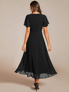 Color=Black | V-Neck Midi Chiffon Wedding Guest Dresses with Ruffles Sleeve-Black 7
