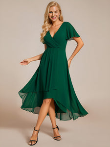 Color=Dark Green | V-Neck Midi Chiffon Wedding Guest Dresses with Ruffles Sleeve-Dark Green 14