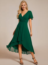 Load image into Gallery viewer, Color=Dark Green | V-Neck Midi Chiffon Wedding Guest Dresses with Ruffles Sleeve-Dark Green 11