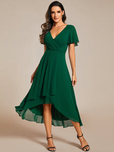 Color=Dark Green | V-Neck Midi Chiffon Wedding Guest Dresses with Ruffles Sleeve-Dark Green 15