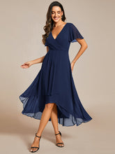 Load image into Gallery viewer, Color=Navy Blue | V-Neck Midi Chiffon Wedding Guest Dresses with Ruffles Sleeve-Navy Blue 16