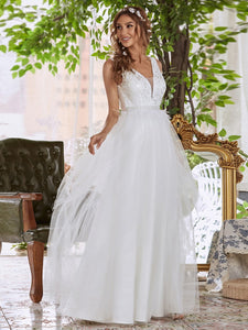 Color=Cream | Women's Wedding Dress with Deep V-neck-Cream 3
