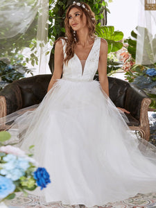 Color=Cream | Women's Wedding Dress with Deep V-neck-Cream 4