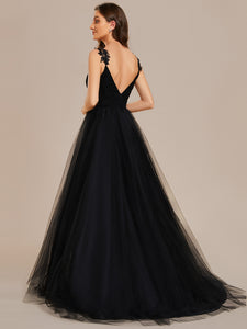 Color=Black | Double V Neck Lace Bodice Maxi Wholesale A-Line Wedding Dress-Black3
