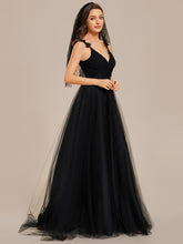 Load image into Gallery viewer, Color=Black | Double V Neck Lace Bodice Maxi Wholesale A-Line Wedding Dress-Black2