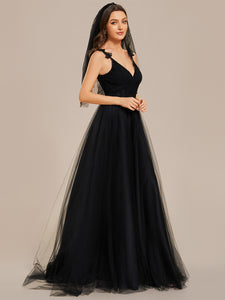 Color=Black | Double V Neck Lace Bodice Maxi Wholesale A-Line Wedding Dress-Black2