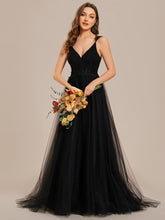 Load image into Gallery viewer, Color=Black | Double V Neck Lace Bodice Maxi Wholesale A-Line Wedding Dress-Black1