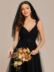Color=Black | Double V Neck Lace Bodice Maxi Wholesale A-Line Wedding Dress-Black5
