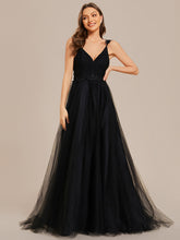 Load image into Gallery viewer, Color=Black | Double V Neck Lace Bodice Maxi Wholesale A-Line Wedding Dress-Black4