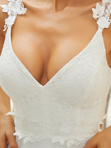 Color=Cream | Double V Neck Lace Bodice Maxi Wholesale A-Line Wedding Dress-Cream 6