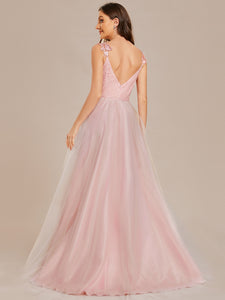Color=Pink | Double V Neck Lace Bodice Maxi Wholesale A-Line Wedding Dress-Pink2