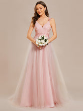 Load image into Gallery viewer, Color=Pink | Double V Neck Lace Bodice Maxi Wholesale A-Line Wedding Dress-Pink1