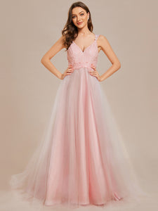 Color=Pink | Double V Neck Lace Bodice Maxi Wholesale A-Line Wedding Dress-Pink4