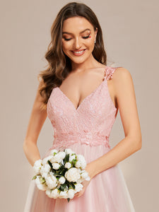 Color=Pink | Double V Neck Lace Bodice Maxi Wholesale A-Line Wedding Dress-Pink5