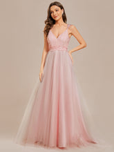 Load image into Gallery viewer, Color=Pink | Double V Neck Lace Bodice Maxi Wholesale A-Line Wedding Dress-Pink3