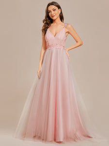 Color=Pink | Double V Neck Lace Bodice Maxi Wholesale A-Line Wedding Dress-Pink3