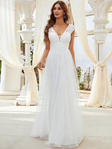 Color=Cream | Cap Sleeve Lace V-Neck Long Wholesale A-Line Wedding Dress-Cream 3